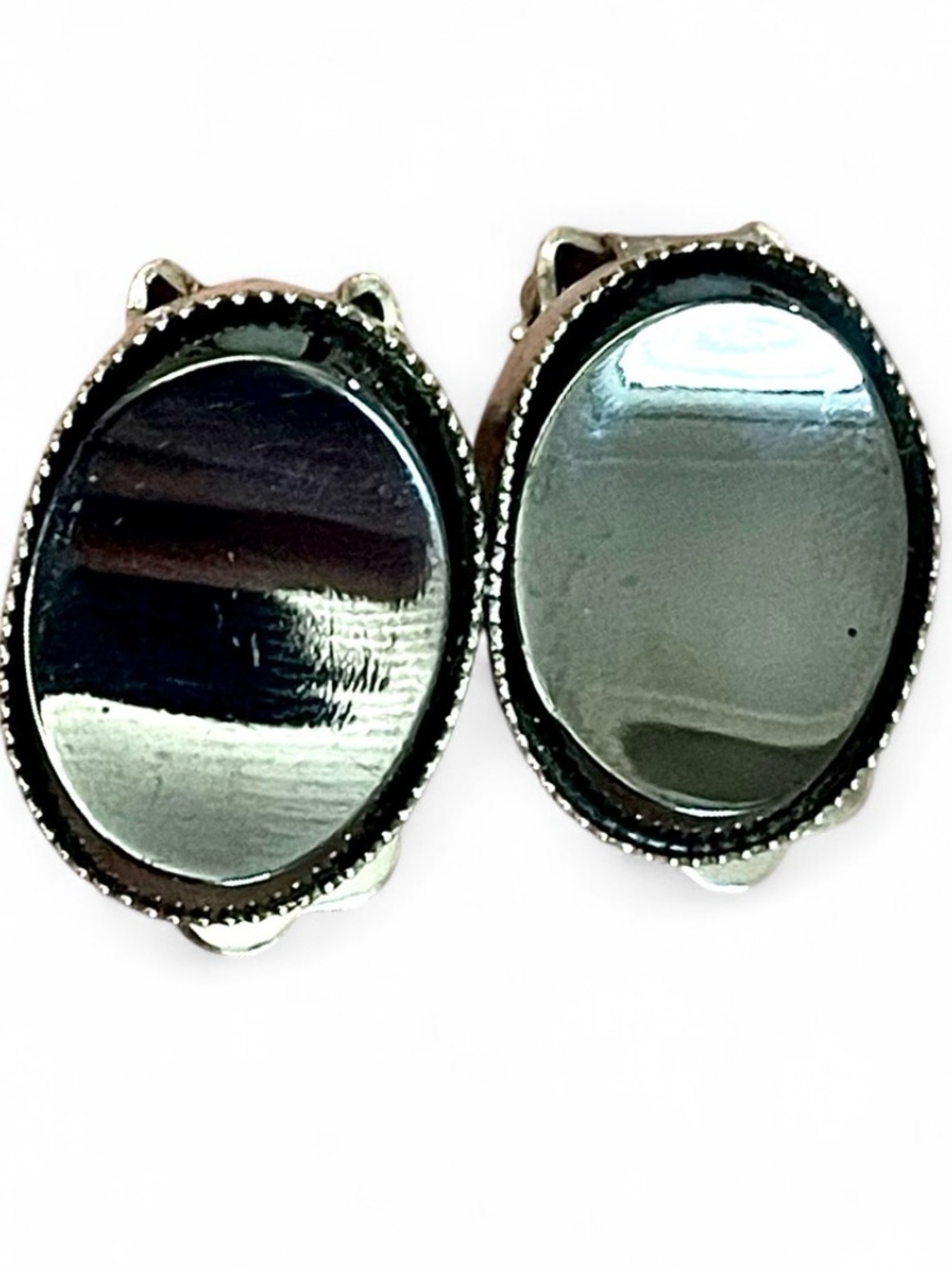 Vintage Mod Faux Hematite Black Mirror Cabochon Clip Earrings Silver Retro Goth